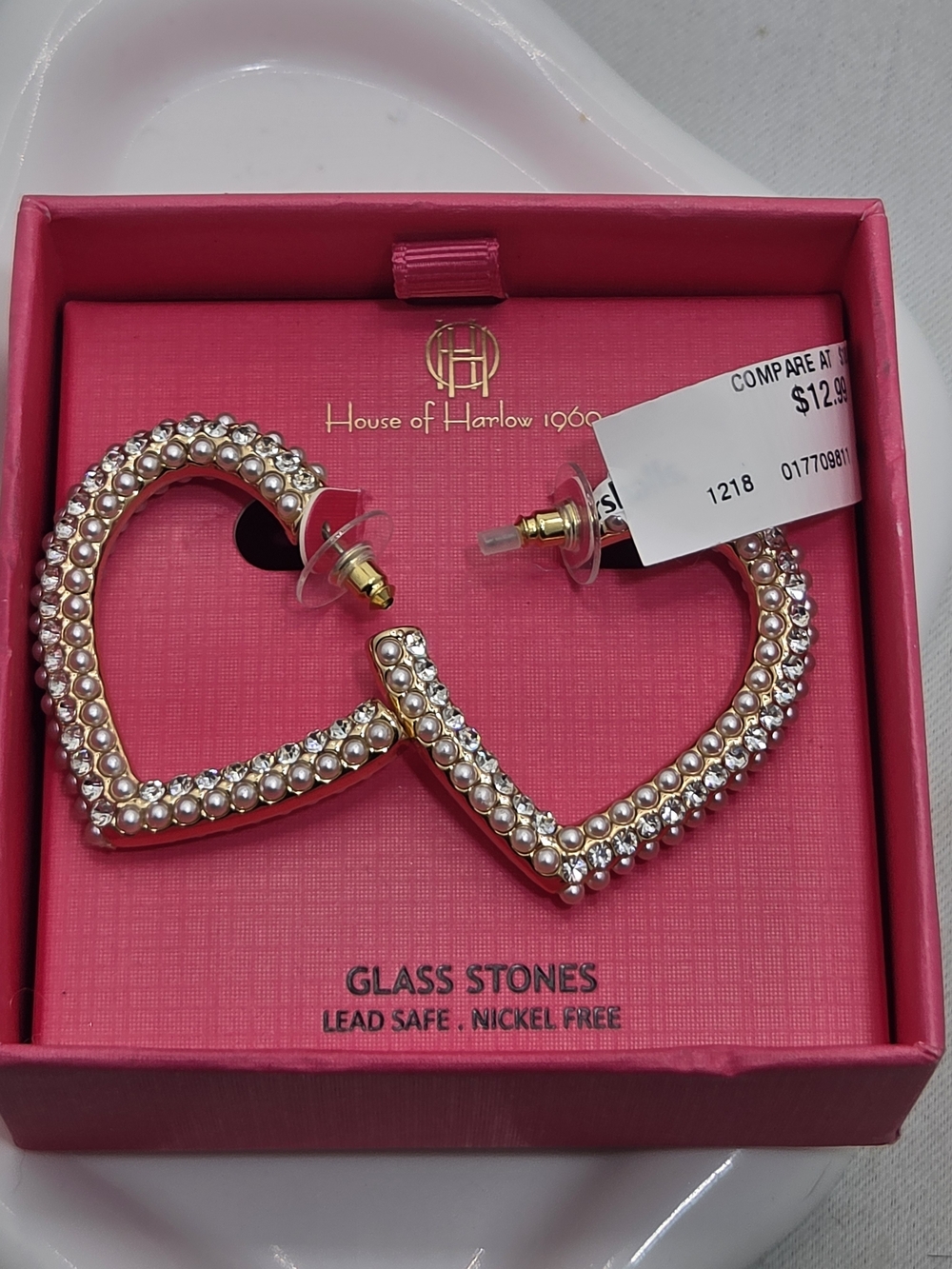 NIB House of Harlow 1960 Pearl & Rhinestone Heart Hoop Earrings Gift Box 💖✨
